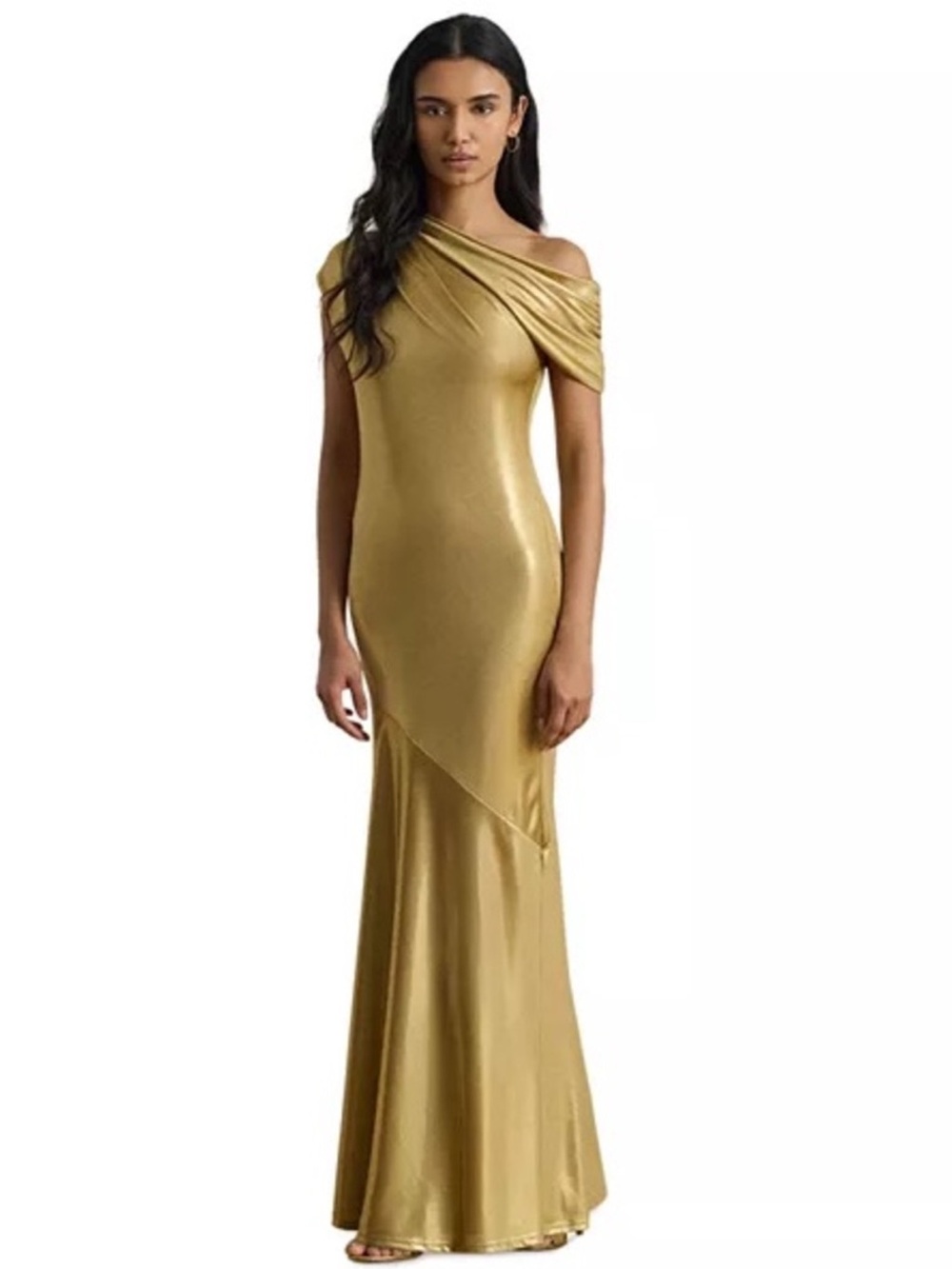 Lauren Ralph Lauren Metallic Jersey Off-The-Shoulder Formal Dress Size‎ 8 Gold